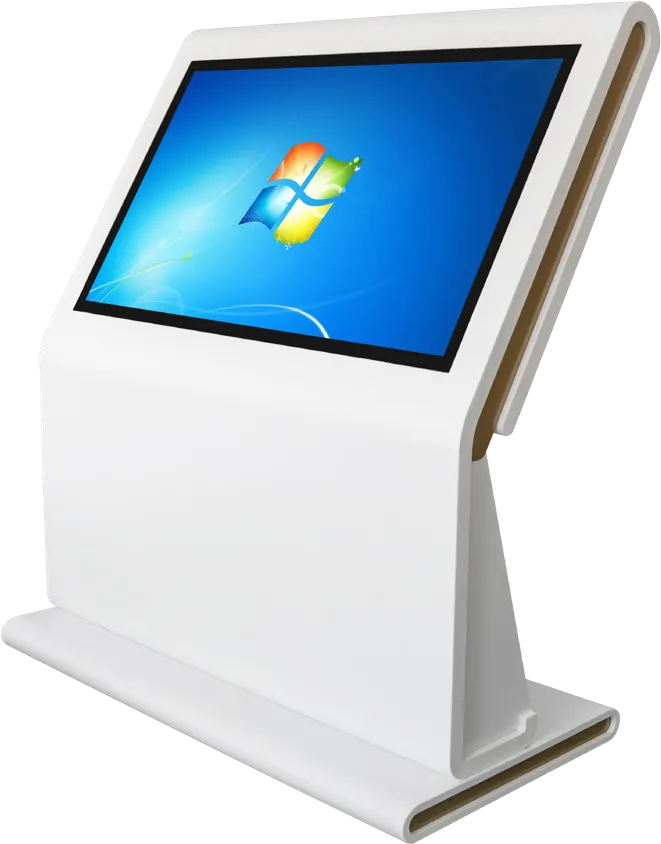 Tilted kiosk with wood trim